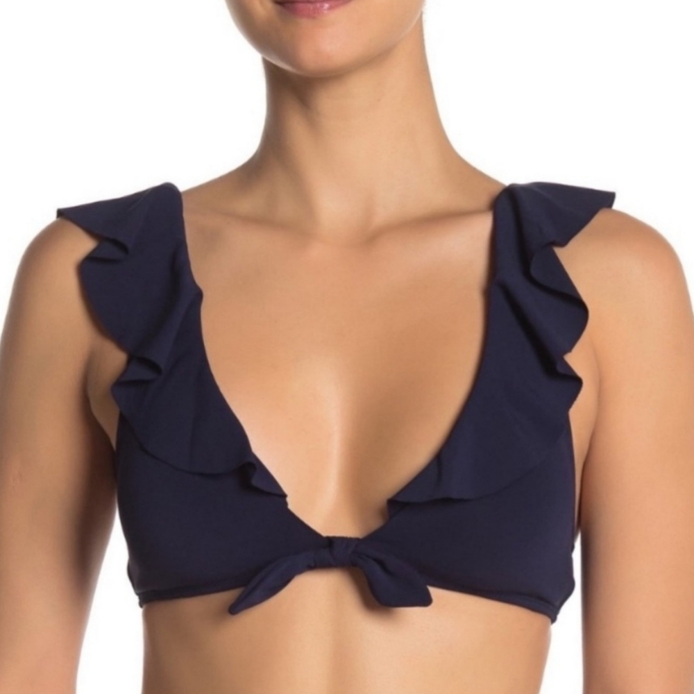 NWT ROBIN PICCONE Ava Navy Blue Ruffled Tie Front Laced Up Back Bikini Top M